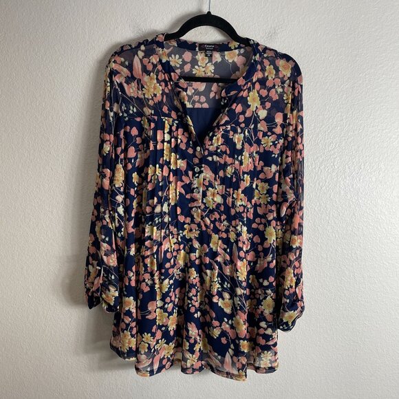 Cocomo Woman Plus 2X Floral Blouse Roll Tab Sleeve Tunic Top Stretch Mesh Shirt - Picture 6 of 9